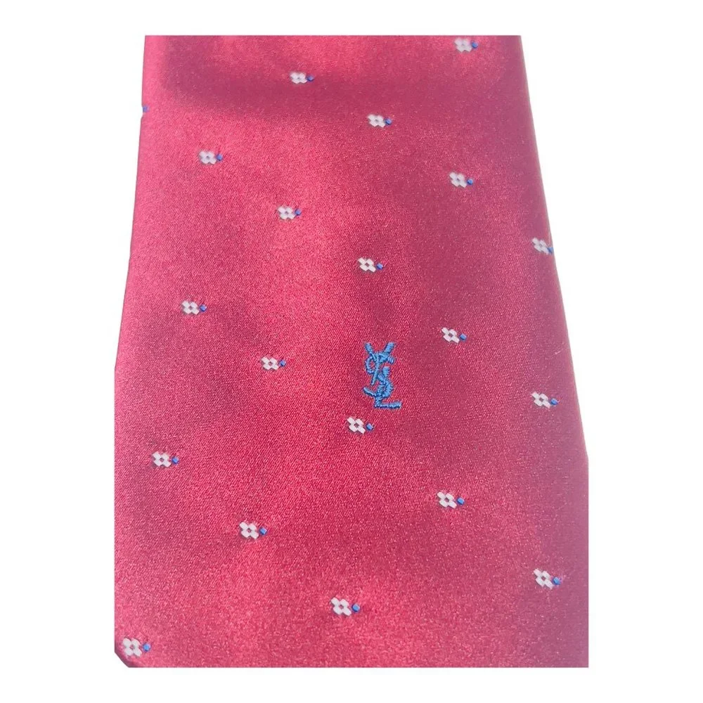 YSL Yves Saint Laurent Neckwear Vintage Men's Tie Red With Blue Logo 3.5